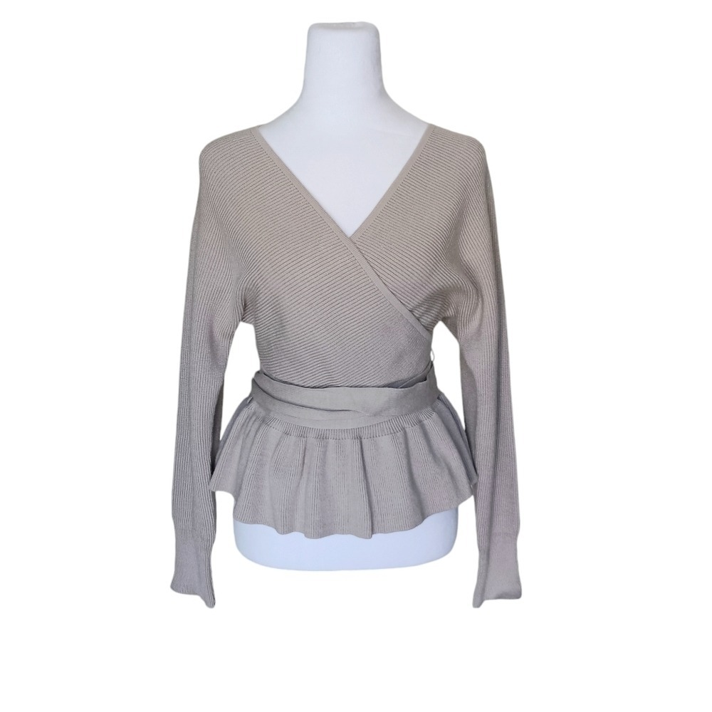 ZESICA Wrap Peplum Sweater Women Size S Taupe Ribbed Knit V-Neck Tie Waist Top